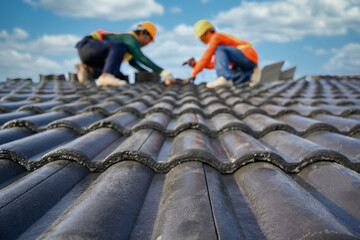 Select the focus on roof tiles. Blurred background of a roofer working on the roof of a house Use a drill to drill the screws to fix the cement tiles. - obrazy, fototapety, plakaty
