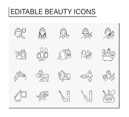 Beauty line icons set. Facial mask, makeup table, mascara and eye patches, beauty salon. Spa concept. Isolated vector illustration. Editable stroke