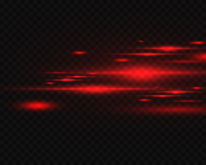 Pack of red bright horizontal highlights on a transparent background. Laser beams, horizontal light beams. Beautiful light flashes.