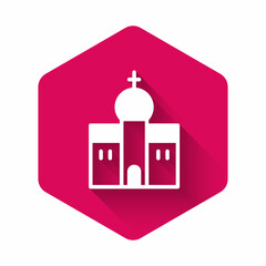 White Church building icon isolated with long shadow. Christian Church. Religion of church. Pink hexagon button. Vector