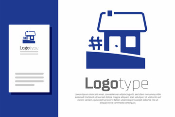 Obraz premium Blue Old Ukrainian house hut icon isolated on white background. Traditional village house. Logo design template element. Vector