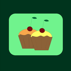 Image of sweet muffins with cherries on a green background