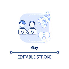 Gay light blue concept icon. Male same sex couple. LGBT community member abstract idea thin line illustration. Isolated outline drawing. Editable stroke. Arial, Myriad Pro-Bold fonts used