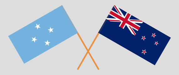 Crossed flags of Micronesia and New Zealand. Official colors. Correct proportion