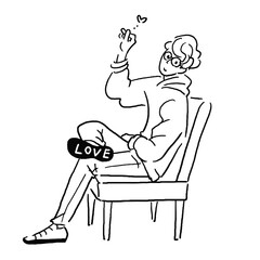 love すわる男性　線画　メッセージ　ベクター