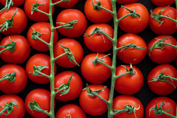 Top view of ripe cherry tomatoes on branches isolated on black.