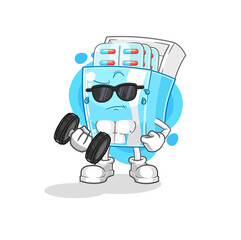 medicine package lifting dumbbell vector. cartoon character