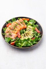 Salmon fish fillet with fresh salad, avocado top view.