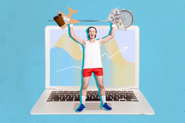Creative collage advertisement of sportive guy power lifting million dollars profit opportunity stand netbook isolated