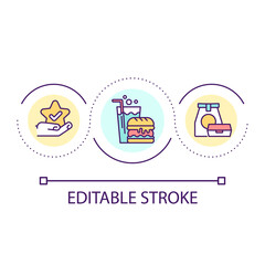 Quality fast food chain loop concept icon. Popular franchise restaurant abstract idea thin line illustration. Hamburger with soft drink. Isolated outline drawing. Editable stroke. Arial font used