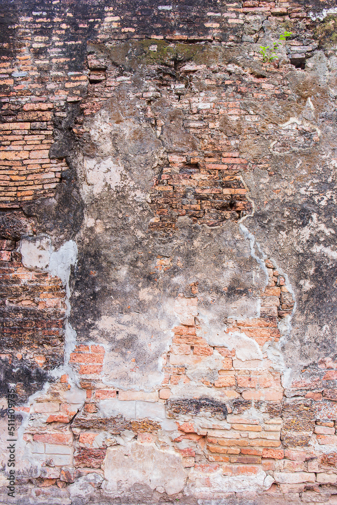 Poster old broken wall background with bricks.