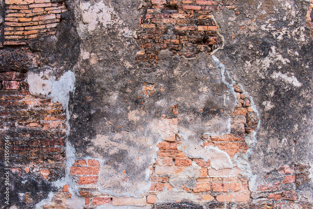 Poster old broken wall background with bricks.