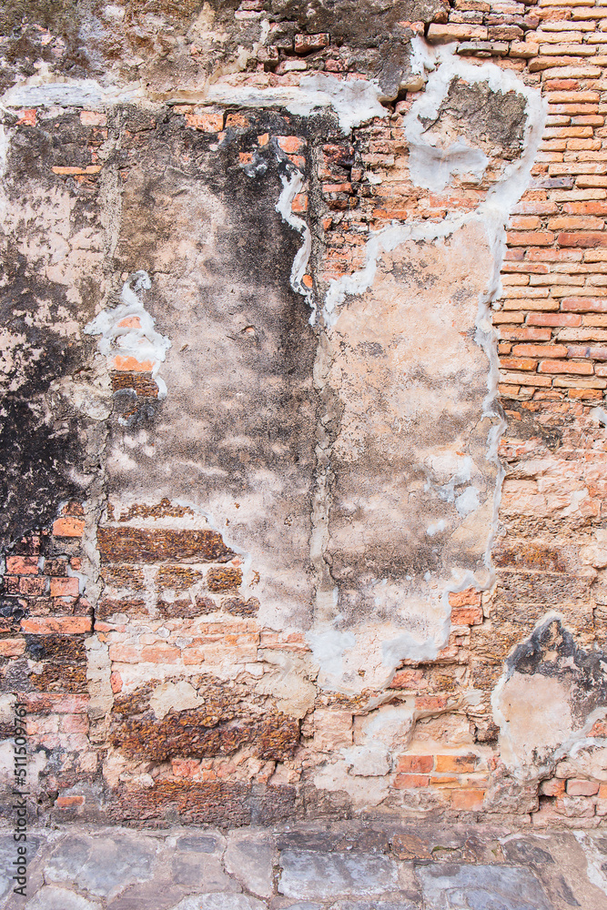 Poster old broken wall background with bricks.
