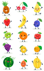 Obraz premium A set of humanized vegetables and fruits with cheerful faces. isolated on white background