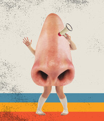 Contemporary art collage, design. Inspiration, ideas. Huge human nose with legs and hands on light...