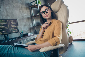 Profile side view portrait of attractive minded girl writing notes creating data developing web...