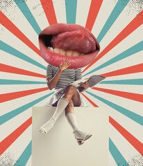 Stylish woman body in retro style outfit headed with huge female mouth. Contemporary art collage,...