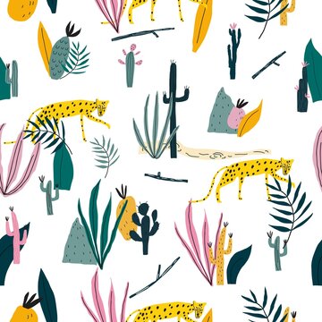 Element of seamless pattern with leopard, plants, jungle leaves, snags. Vector illustration