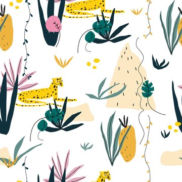 Element of seamless pattern with leopard, plants, jungle leaves, snags. Vector illustration, print