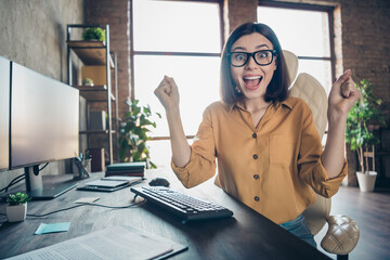 Portrait of attractive cheerful lucky crazy girl cyber editor celebrating great attainment at...