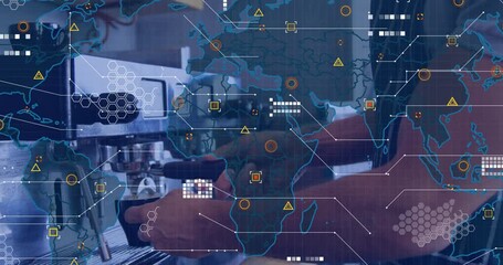 Animation of digital interface over barista is making coffee - Powered by Adobe