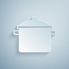 Paper cut Cooking pot icon isolated on grey background. Boil or stew food symbol. Paper art style. Vector