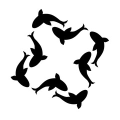 Silhouette vector illustration of a school of fish. A group of fish swimming in a circle. Marine animal colony life. Isolated on a white background. Great for marine logos.