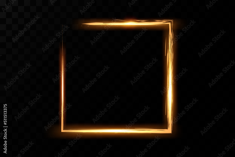 Poster  Golden frame with lights effects. Shining rectangle banner. Isolated on black transparent background. Vector illustration, eps 10