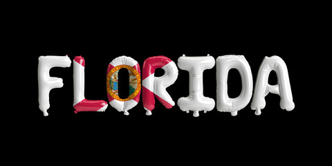 3d illustration of florida-letter balloons with state flag colors isolated on black background