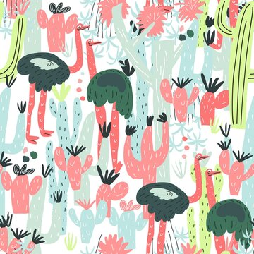 Vector seamless pattern with ostrich, cactus, plants. Template for paper cover print design