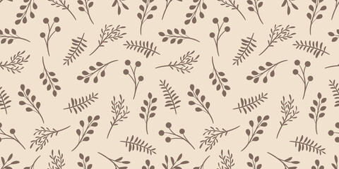 Autumn background with different types of leaves, brown vector pattern