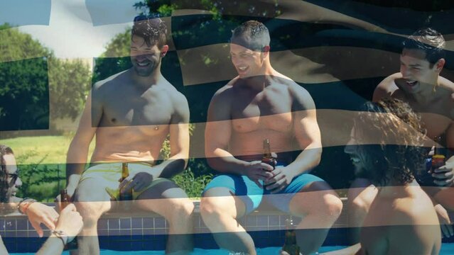 Animation of flag of greece over happy caucasian male friends having fun at swimming pool