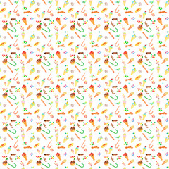Watercolor illustration, seamless pattern. Sweets and candies, cakes, cocktails, cherries.
