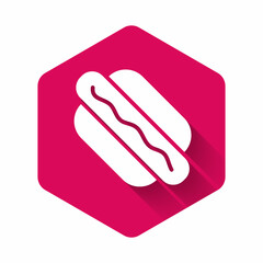 White Hotdog sandwich icon isolated with long shadow background. Sausage icon. Fast food sign. Pink hexagon button. Vector