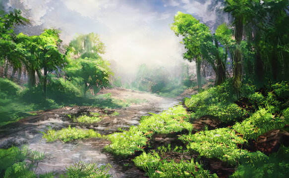 Fantastic Epic Magical Forest Landscape. Summer beautiful mystic nature. Gaming assets. Celtic Medieval RPG background. Rocks and green trees. Rivers and streams. Sky with clouds. Postcard and stamp