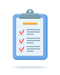 Render clipboard with checklist or paper Document. Writing, Copywriting, goal setting and business planning concept. Test form with check marks 3d vector illustration isolated on white background.