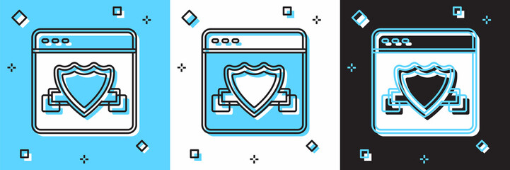 Set Browser with shield icon isolated on blue and white, black background. Security, safety, protection, privacy concept. Vector