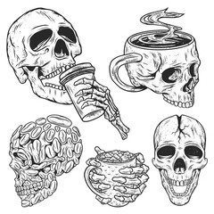 Isolated illustrations set: skulls with a cap, stylized skulls as a coffe beans and coffee cup.
