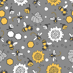 Floral pattern. Seamless vector pattern with large sunflower flowers, bees and dragonflies, small buds on a branch, various foliage. Botanical print printing of fabrics products.