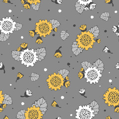 Floral pattern. Seamless vector pattern with large sunflower flowers, bees, small buds on a branch, various foliage. Botanical print printing of fabrics products.