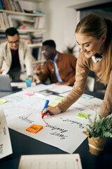 Happy creative woman drawing business plan on paperboard during meeting in office.