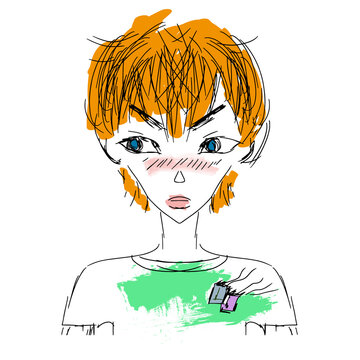 Red-haired boy with blue eyes, shy, bashful blush on his cheeks, anime, sketch