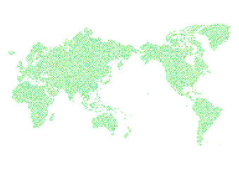 世界地図（日本中心）のイラスト: 緑色のモザイク模様