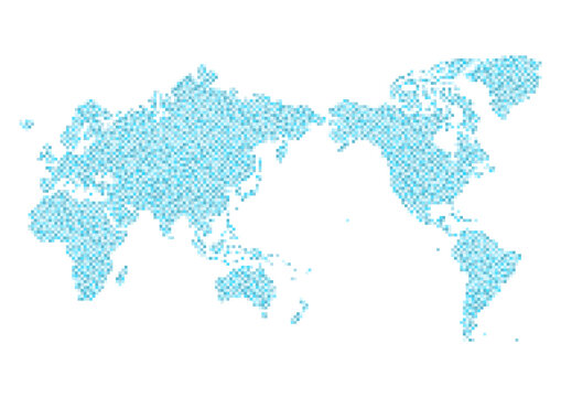 世界地図（日本中心）のイラスト: 青のモザイク模様