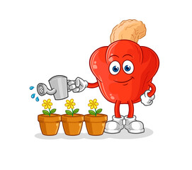 cashew fruit watering the flowers mascot. cartoon vector