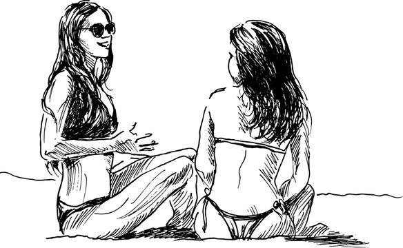 Hand sketch of two women on the beach. Vector illustration.