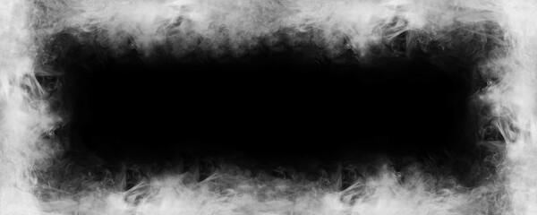 Abstract smoke texture frame over black background. Fog in the darkness. Natural pattern.