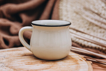 White cup of coffee mockup, close up.