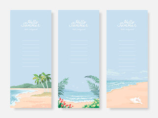 Set of vector landscape background. Beautiful illustration of sandy summer beach. Summer holidays vertical banner design template