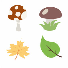Autumn set. Fly agaric. Mushroom. Yellow leaf. Green leaf. Vector illustration isolated on white background.